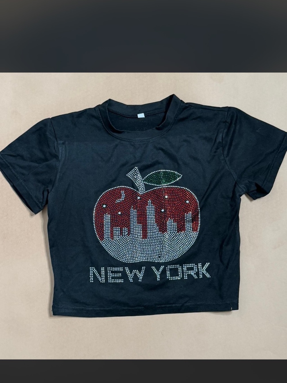 Black 'New York' Rhinestone Apple Graphic Kids Tee